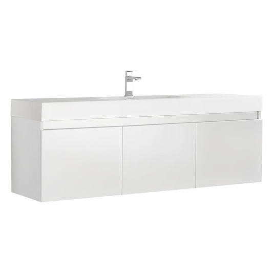 Mezzo 60" White Wall Hung Single Sink Modern Bathroom Cabinet w/ Integrated Sink