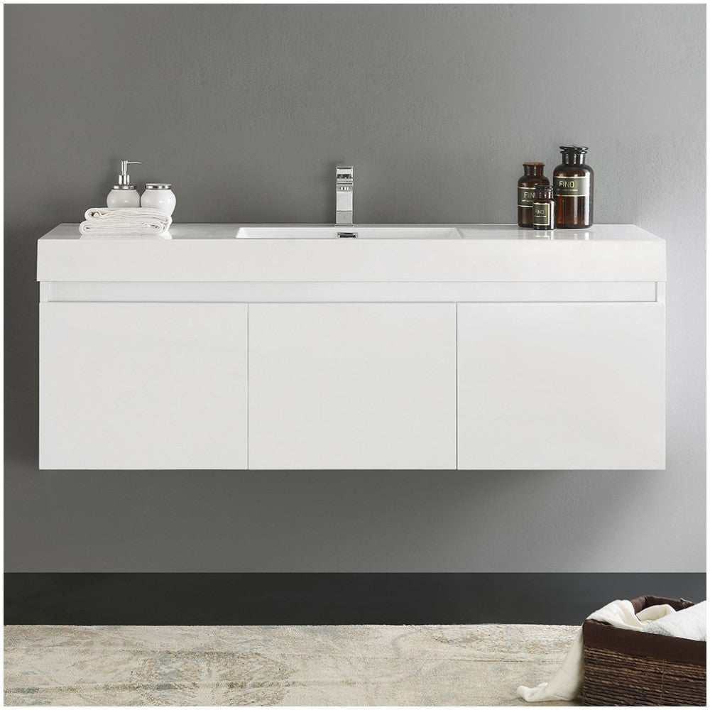 Mezzo 60" White Wall Hung Single Sink Modern Bathroom Cabinet w/ Integrated Sink