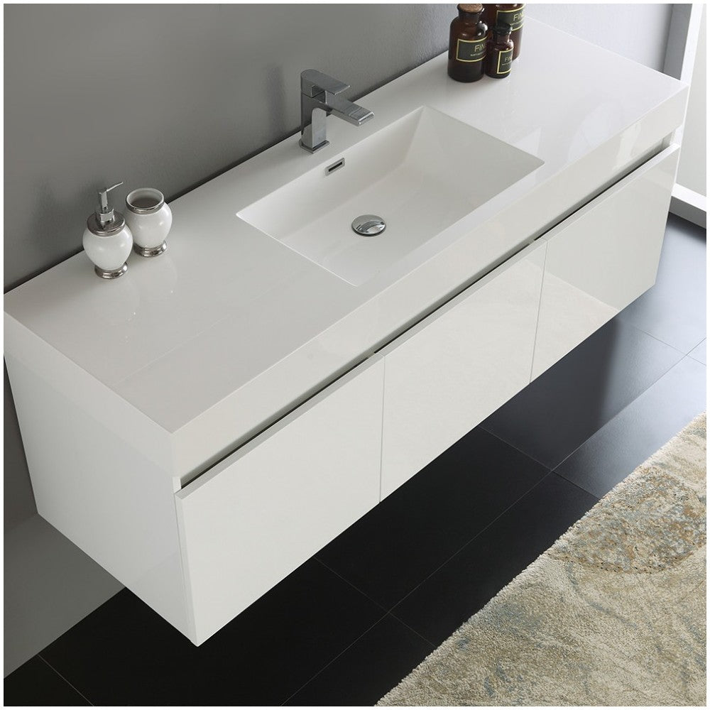 Mezzo 60" White Wall Hung Single Sink Modern Bathroom Cabinet w/ Integrated Sink