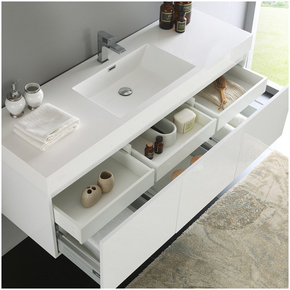 Mezzo 60" White Wall Hung Single Sink Modern Bathroom Cabinet w/ Integrated Sink