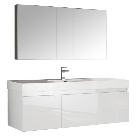 Mezzo 60" White Wall Hung Single Sink Modern Bathroom Vanity w/ Medicine Cabinet