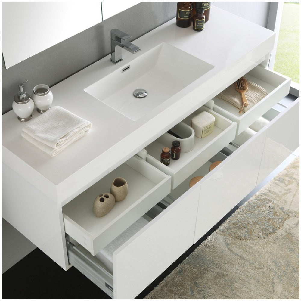 Mezzo 60" White Wall Hung Single Sink Modern Bathroom Vanity w/ Medicine Cabinet