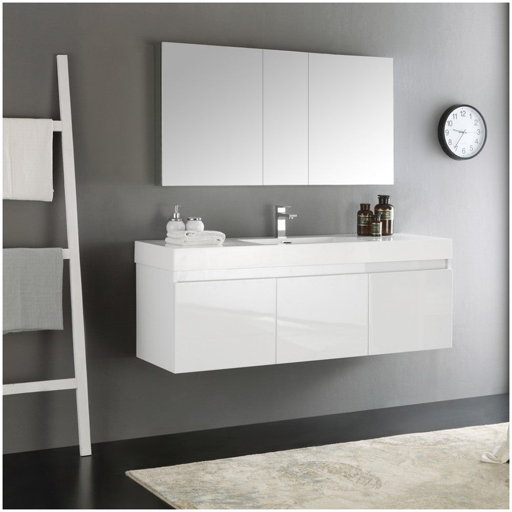 Mezzo 60" White Wall Hung Single Sink Modern Bathroom Vanity w/ Medicine Cabinet