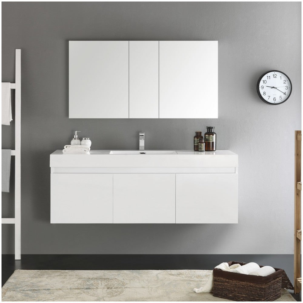 Mezzo 60" White Wall Hung Single Sink Modern Bathroom Vanity w/ Medicine Cabinet