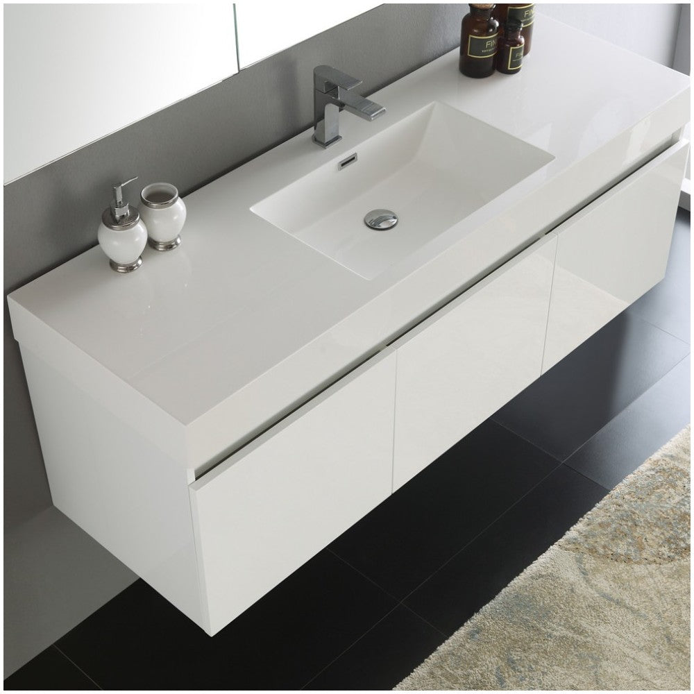 Mezzo 60" White Wall Hung Single Sink Modern Bathroom Vanity w/ Medicine Cabinet