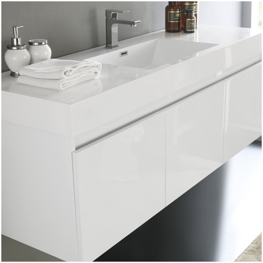 Mezzo 60" White Wall Hung Single Sink Modern Bathroom Vanity w/ Medicine Cabinet