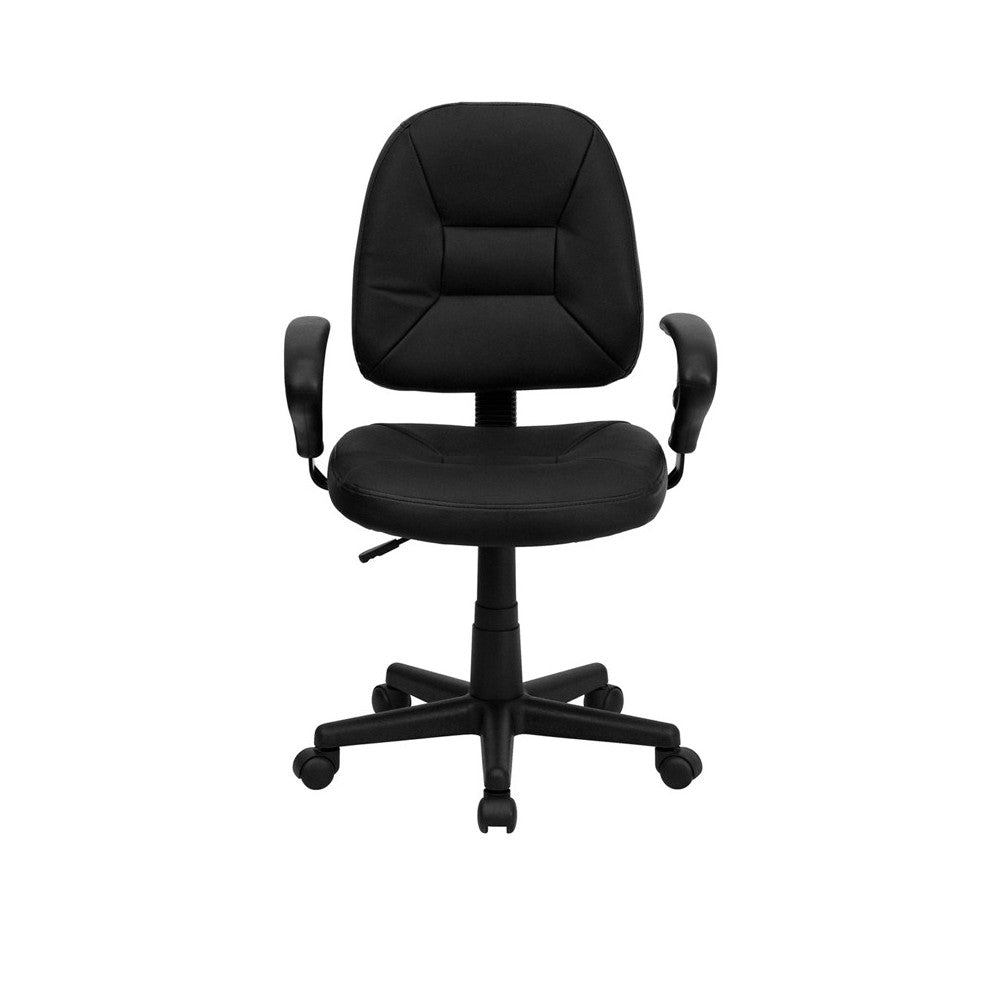 Mid-Back Black Leather Swivel Ergonomic Task Office Chair with Adjustable Arms