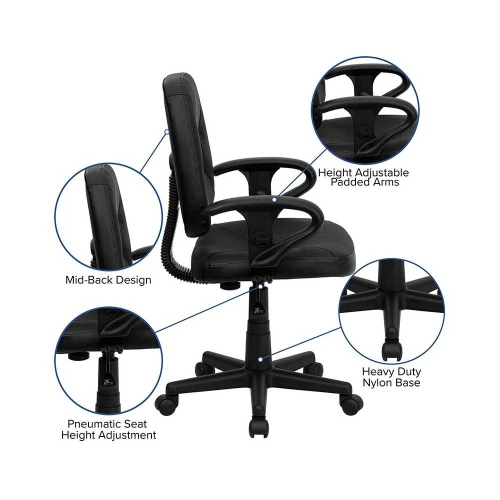 Mid-Back Black Leather Swivel Ergonomic Task Office Chair with Adjustable Arms