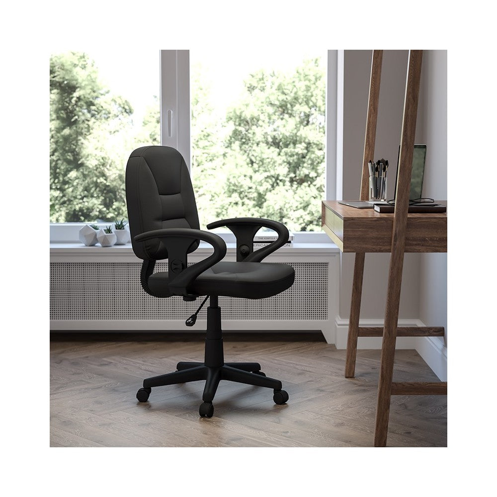 Mid-Back Black Leather Swivel Ergonomic Task Office Chair with Adjustable Arms