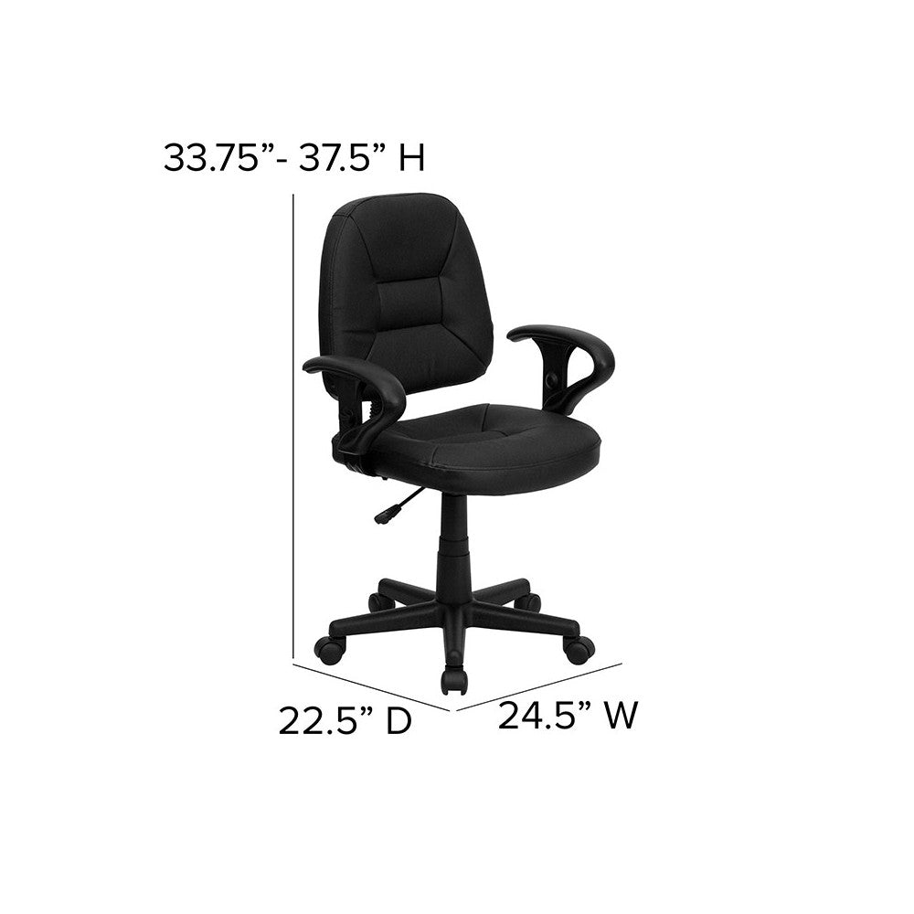 Mid-Back Black Leather Swivel Ergonomic Task Office Chair with Adjustable Arms