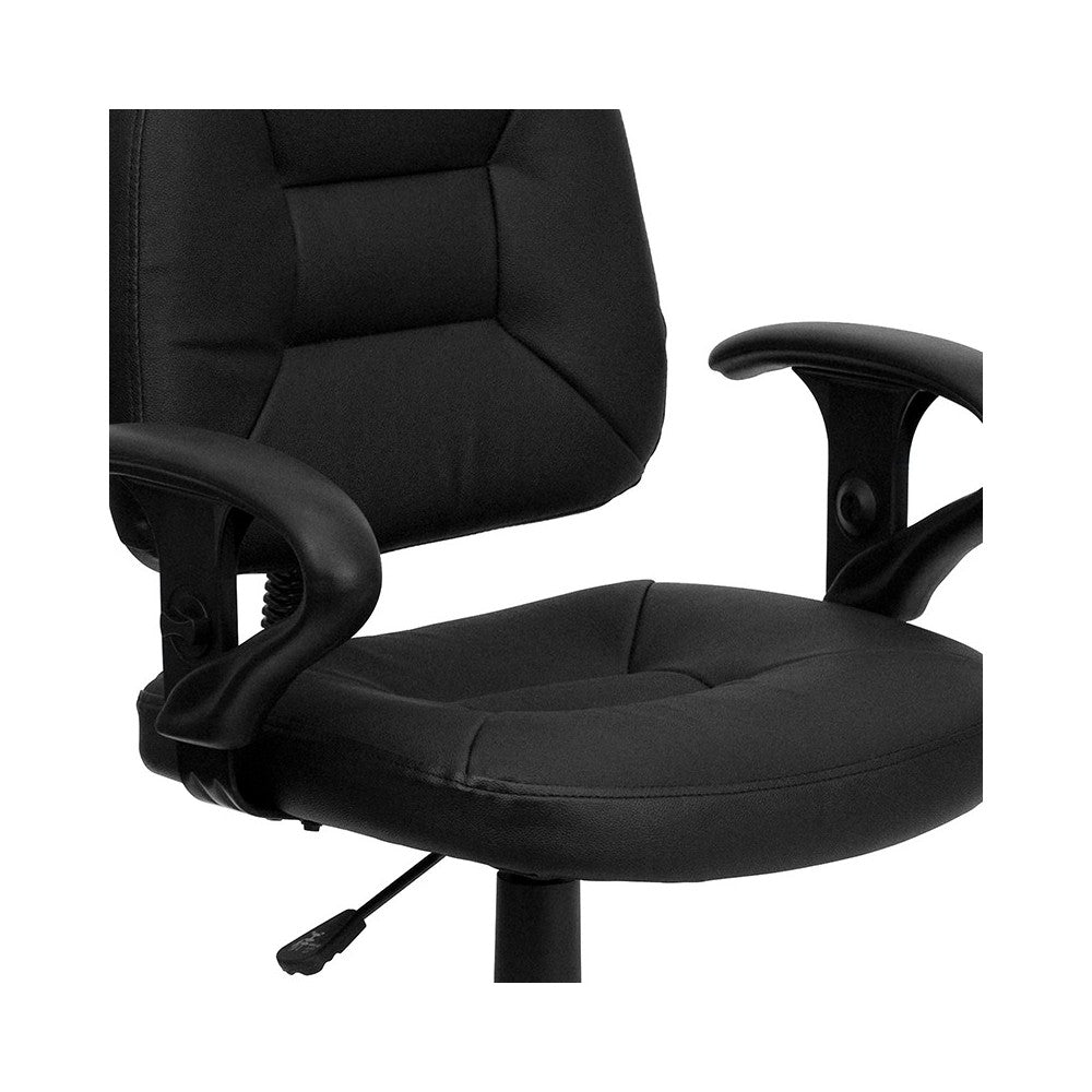 Mid-Back Black Leather Swivel Ergonomic Task Office Chair with Adjustable Arms