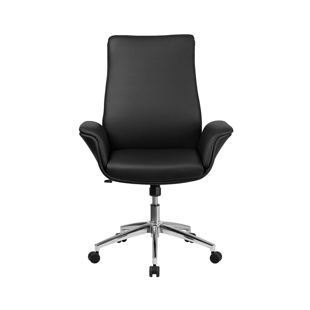 Mid-Back Black LeatherSoft Executive Swivel Office Chair with Flared Arms