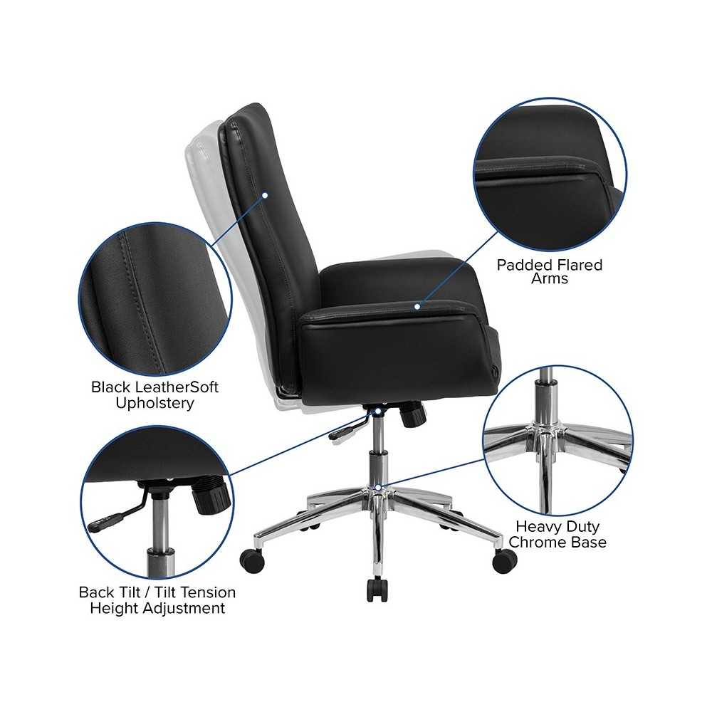 Mid-Back Black LeatherSoft Executive Swivel Office Chair with Flared Arms