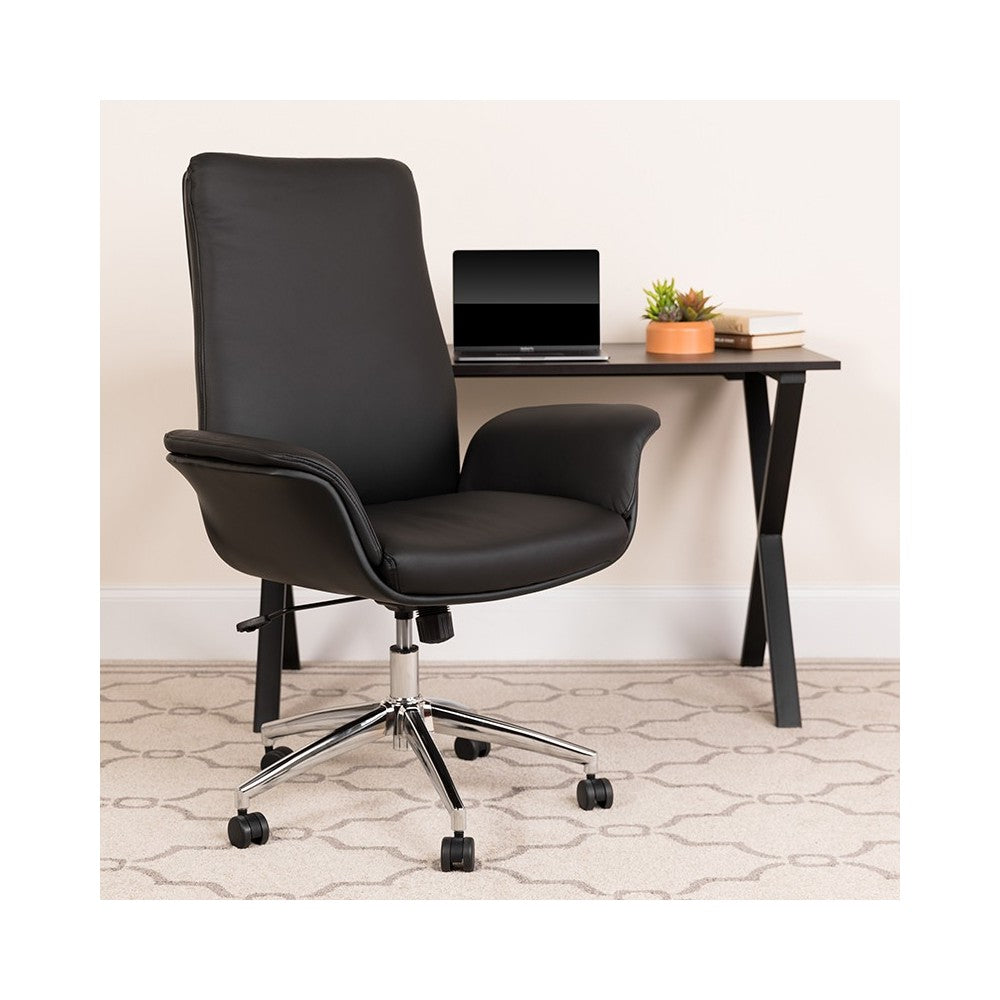 Mid-Back Black LeatherSoft Executive Swivel Office Chair with Flared Arms