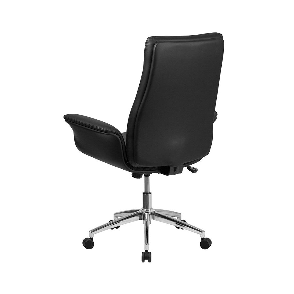 Mid-Back Black LeatherSoft Executive Swivel Office Chair with Flared Arms