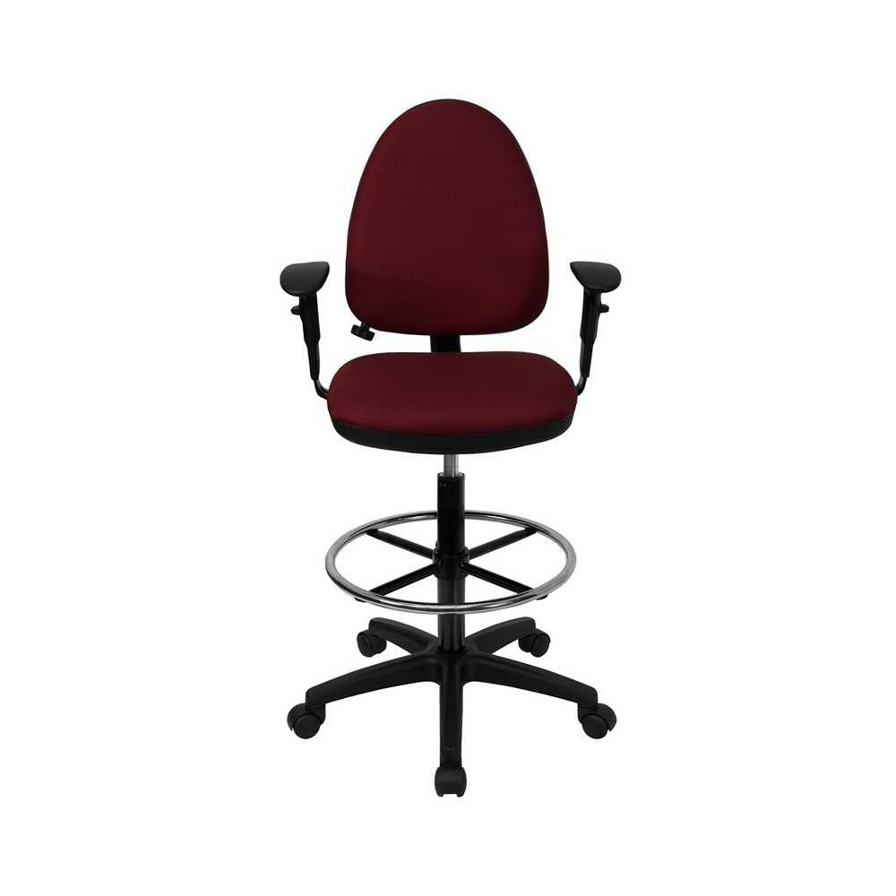 Mid-Back Burgundy Fabric Multifunction Ergonomic Drafting Chair with Adjustable Lumbar Support and Adjustable Arms