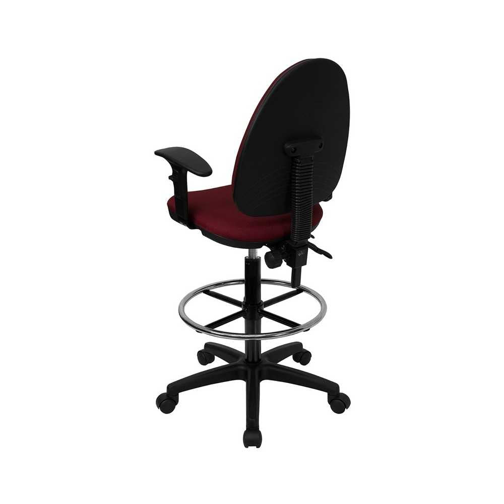 Mid-Back Burgundy Fabric Multifunction Ergonomic Drafting Chair with Adjustable Lumbar Support and Adjustable Arms