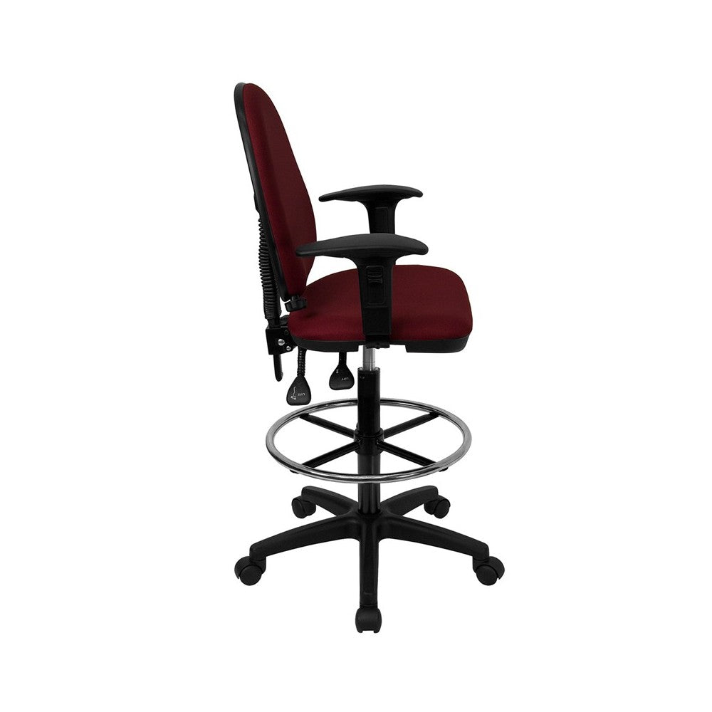 Mid-Back Burgundy Fabric Multifunction Ergonomic Drafting Chair with Adjustable Lumbar Support and Adjustable Arms