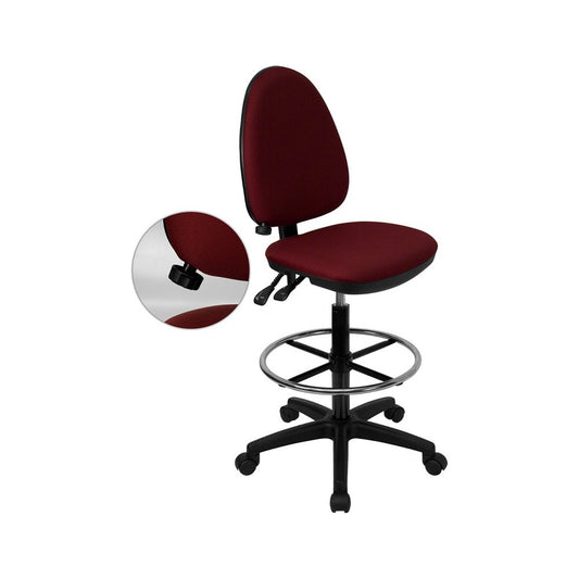 Mid-Back Burgundy Fabric Multifunction Ergonomic Drafting Chair with Adjustable Lumbar Support