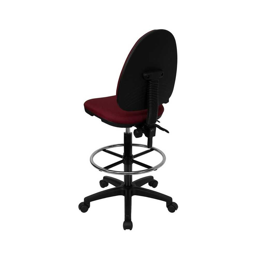 Mid-Back Burgundy Fabric Multifunction Ergonomic Drafting Chair with Adjustable Lumbar Support