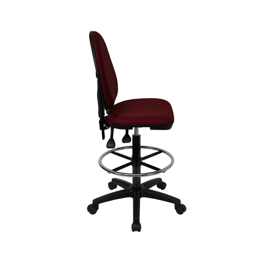 Mid-Back Burgundy Fabric Multifunction Ergonomic Drafting Chair with Adjustable Lumbar Support