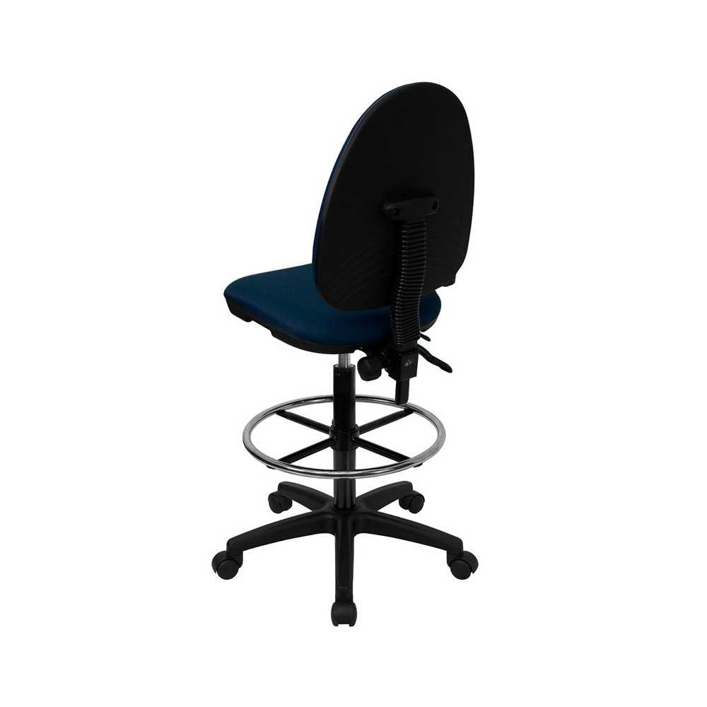 Mid-Back Navy Blue Fabric Multifunction Ergonomic Drafting Chair with Adjustable Lumbar Support