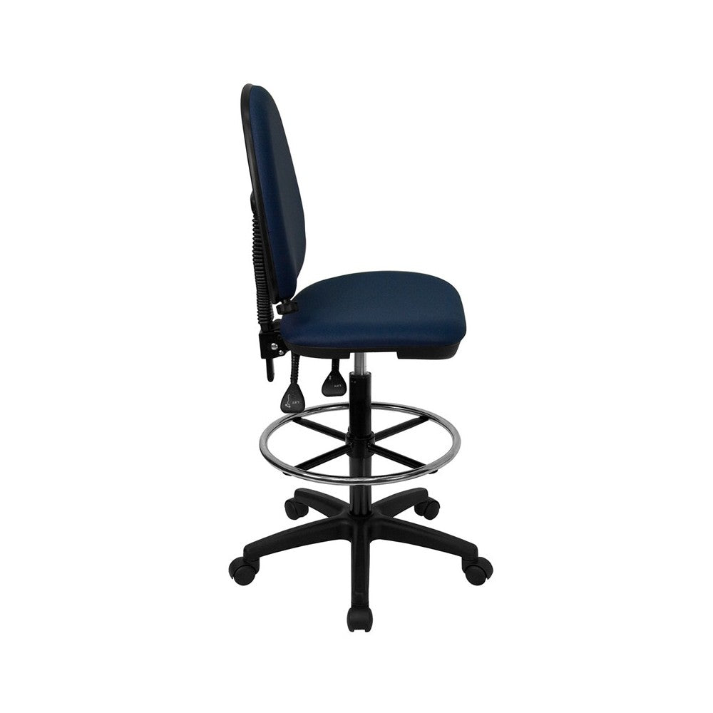 Mid-Back Navy Blue Fabric Multifunction Ergonomic Drafting Chair with Adjustable Lumbar Support