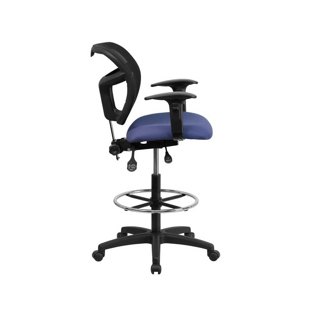 Mid-Back Navy Blue Mesh Drafting Chair with Back Height Adjustment and Adjustable Arms