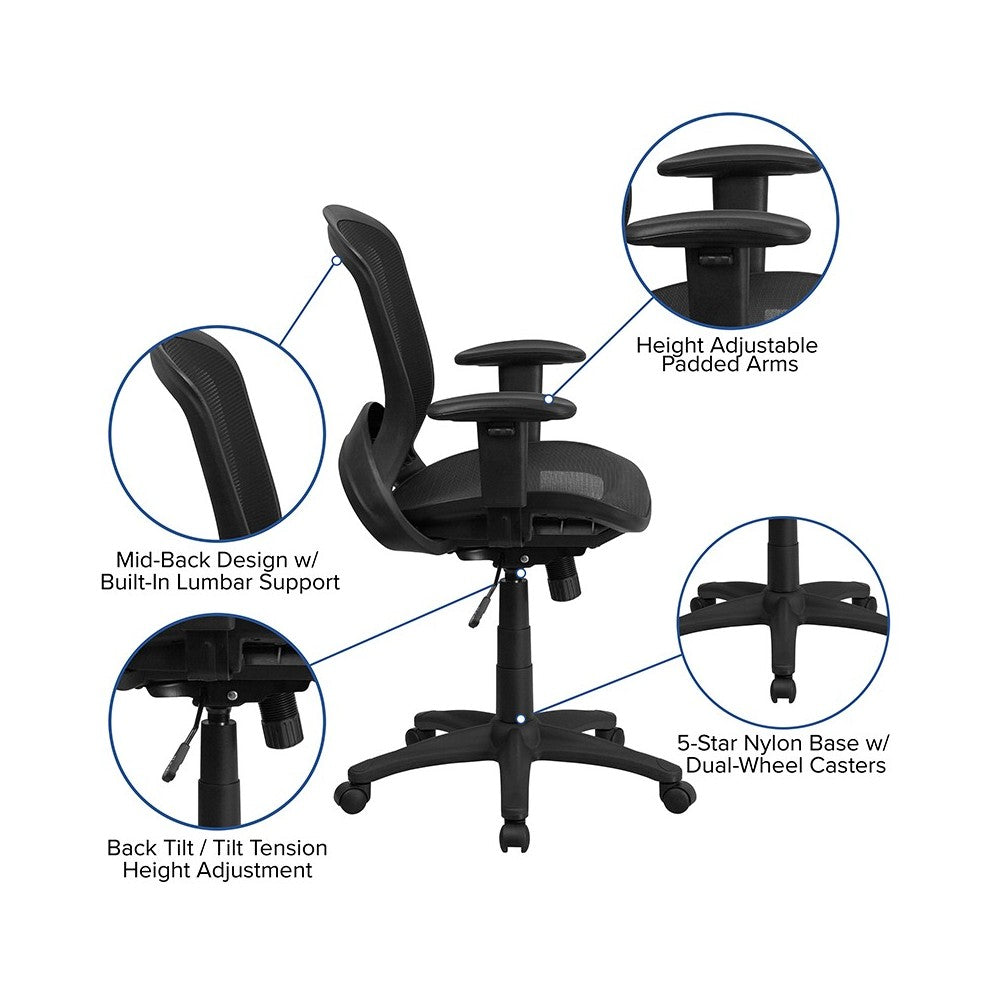 Mid-Back Transparent Black Mesh Executive Swivel Office Chair with Adjustable Arms
