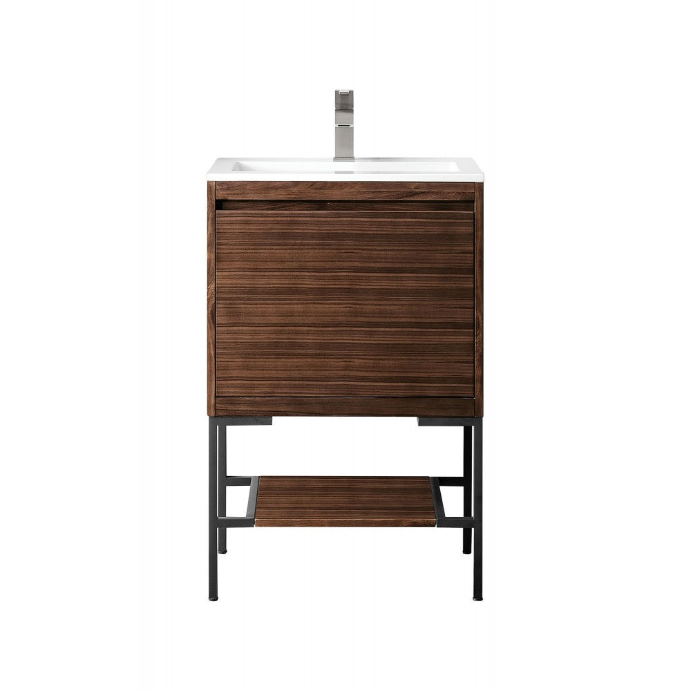 Milan 23.6" Single Vanity Mid Century Walnut Black w/Glossy White Composite Top