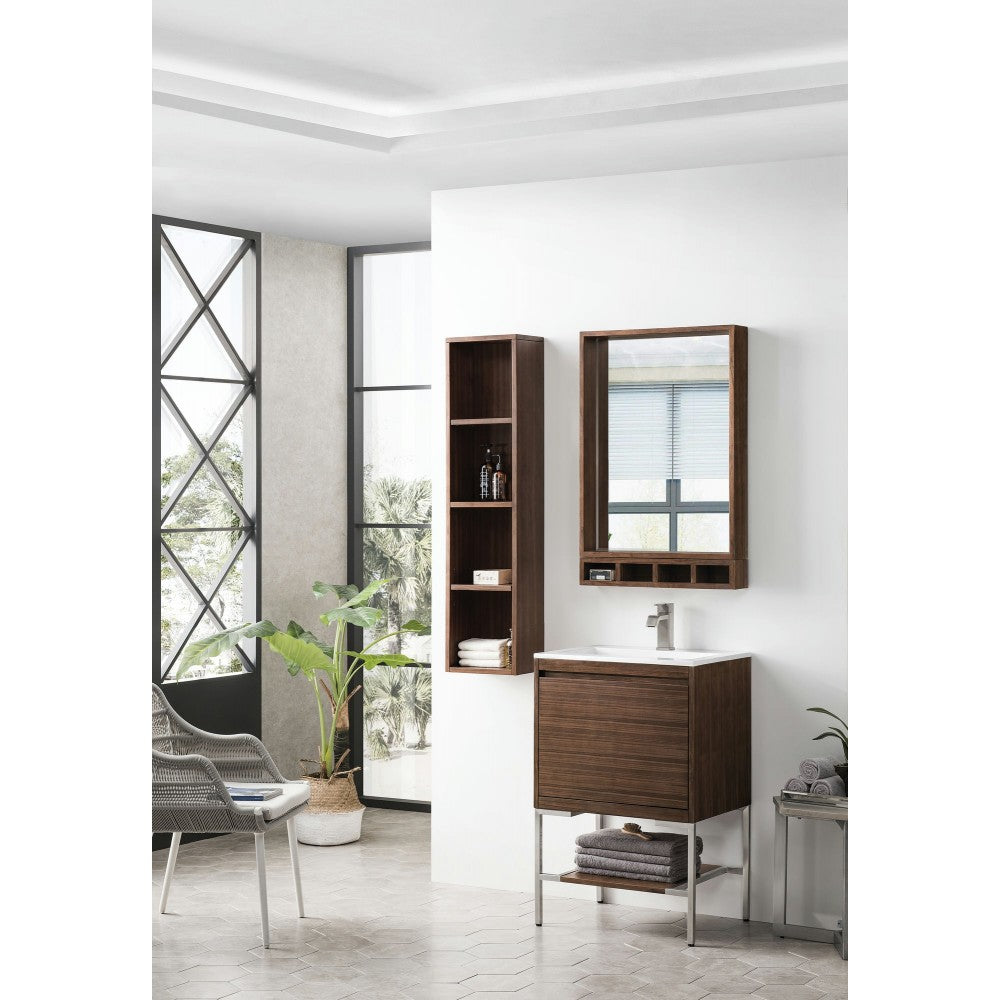 Milan 23.6" Single Vanity Mid Century Walnut Nickel w/Glossy White Composite Top