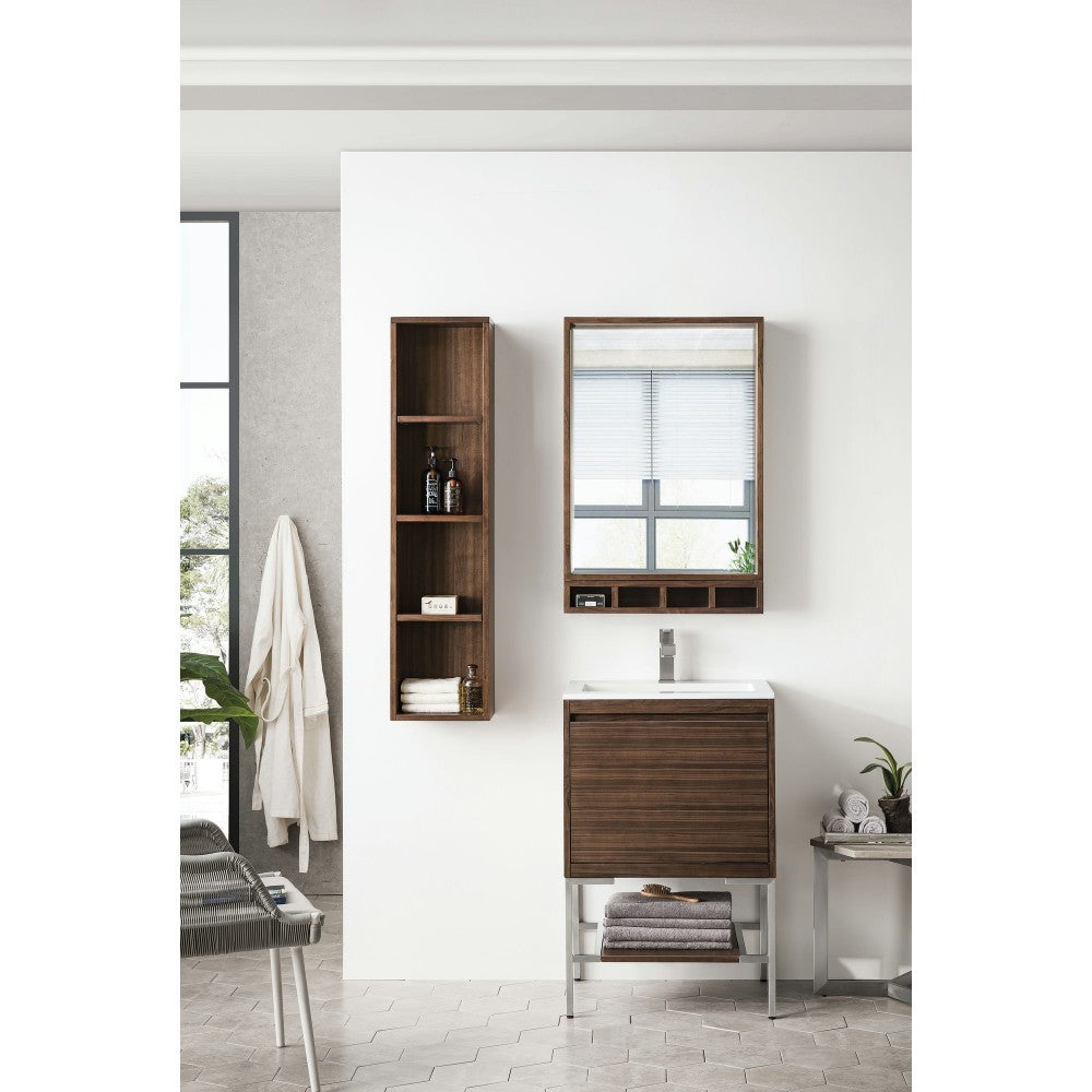 Milan 23.6" Single Vanity Mid Century Walnut Nickel w/Glossy White Composite Top