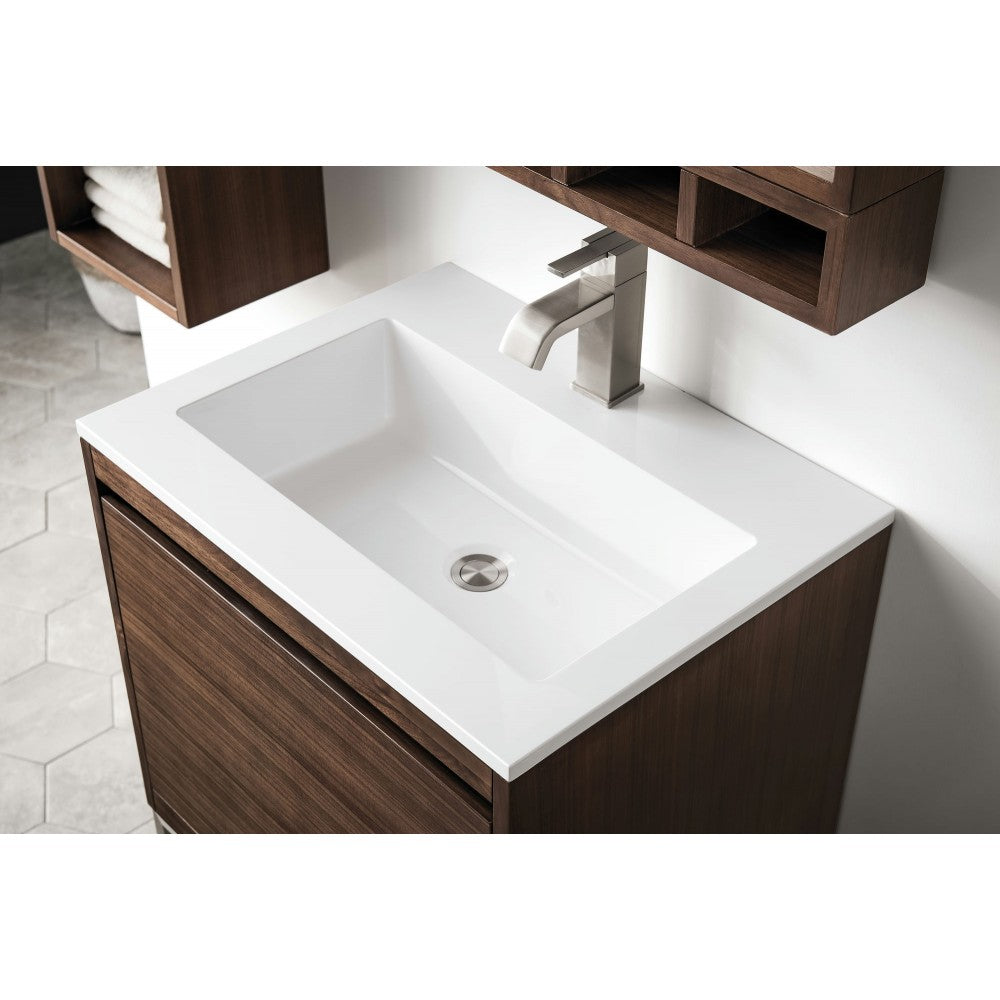 Milan 23.6" Single Vanity, Mid Century Walnut w/Glossy White Composite Top