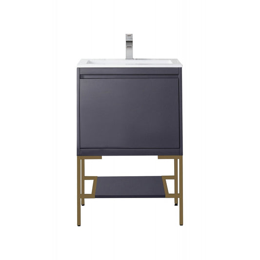 Milan 23.6" Single Vanity Modern Gray  Radiant Gold w/ White Composite Top