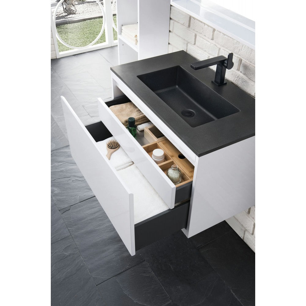 Milan 31.5" Single Vanity Cabinet, Glossy White w/Charcoal Black Composite Top