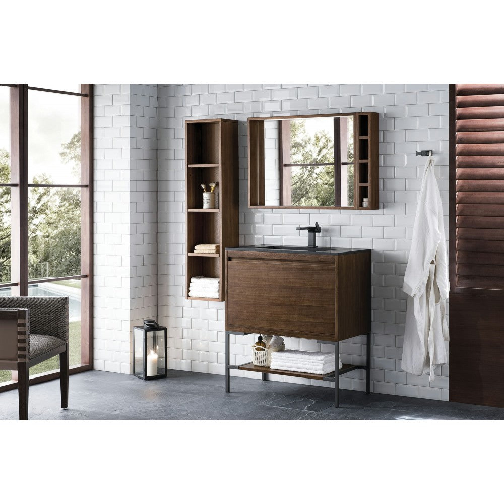 Milan 31.5" Single Vanity Mid Century Walnut Black, Charcoal Black Composite Top