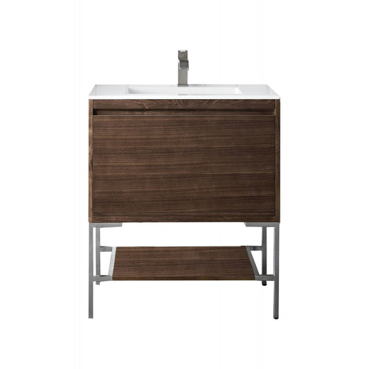Milan 31.5" Single Vanity Mid Century Walnut Nickel w/Glossy White Composite Top