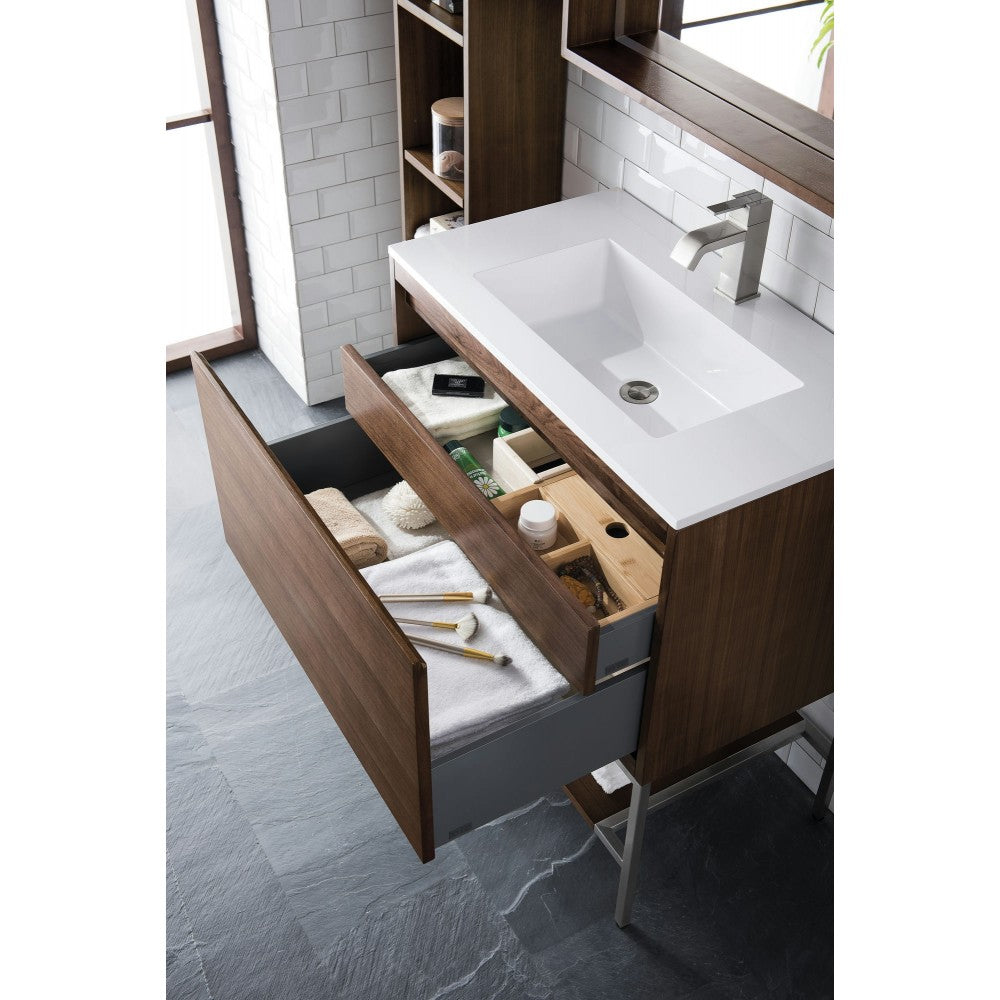 Milan 31.5" Single Vanity Mid Century Walnut Nickel w/Glossy White Composite Top