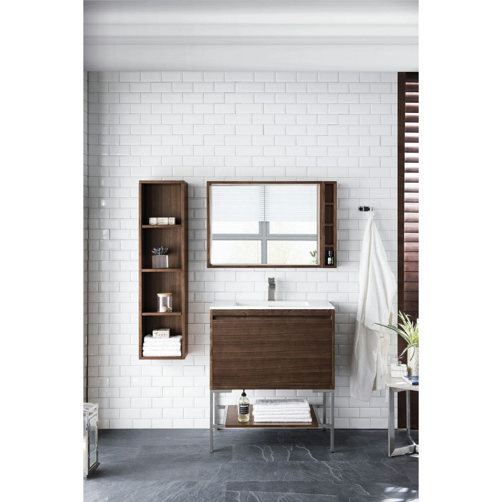 Milan 31.5" Single Vanity Mid Century Walnut Nickel w/Glossy White Composite Top