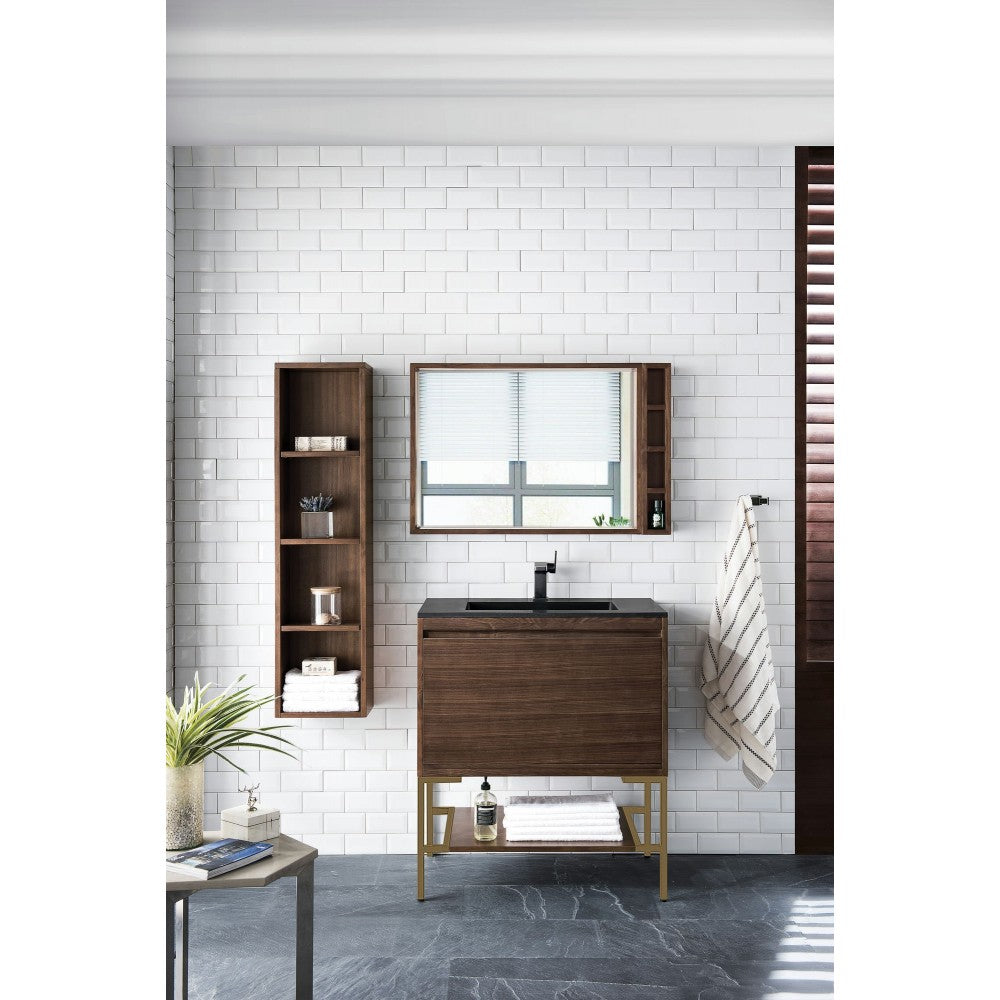 Milan 31.5" Single Vanity Mid Century Walnut Radiant Gold w/ Black Composite Top
