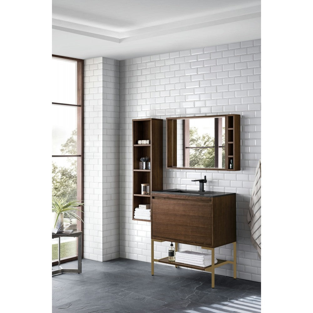 Milan 31.5" Single Vanity Mid Century Walnut Radiant Gold w/ Black Composite Top
