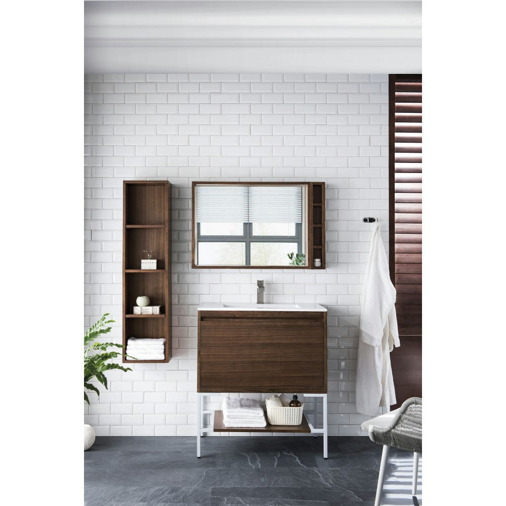 Milan 31.5" Single Vanity Mid Century Walnut  White w/ White Composite Top