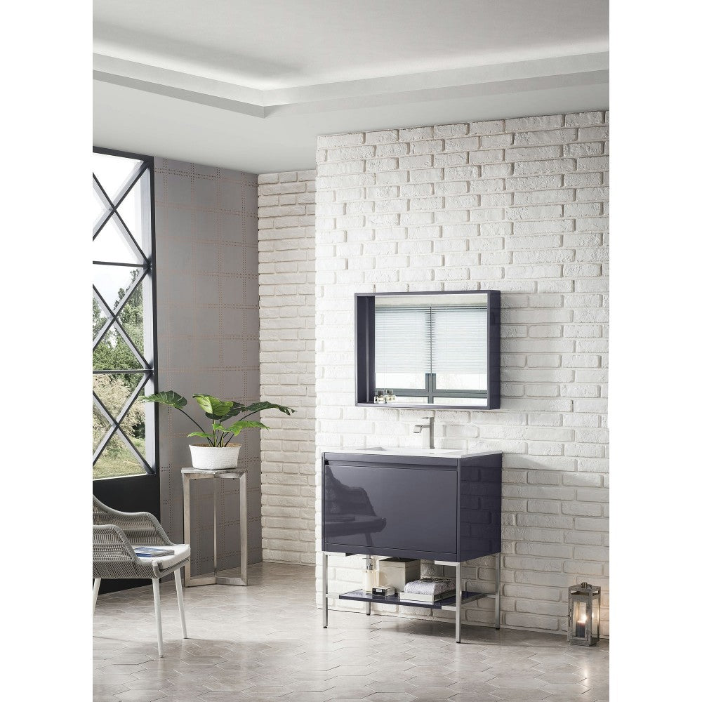 Milan 31.5" Single Vanity Modern Gray Glossy Nickel w/Glossy White Composite Top