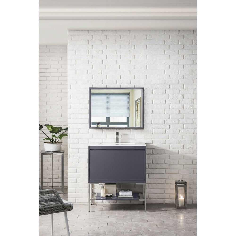 Milan 31.5" Single Vanity Modern Gray Glossy Nickel w/Glossy White Composite Top