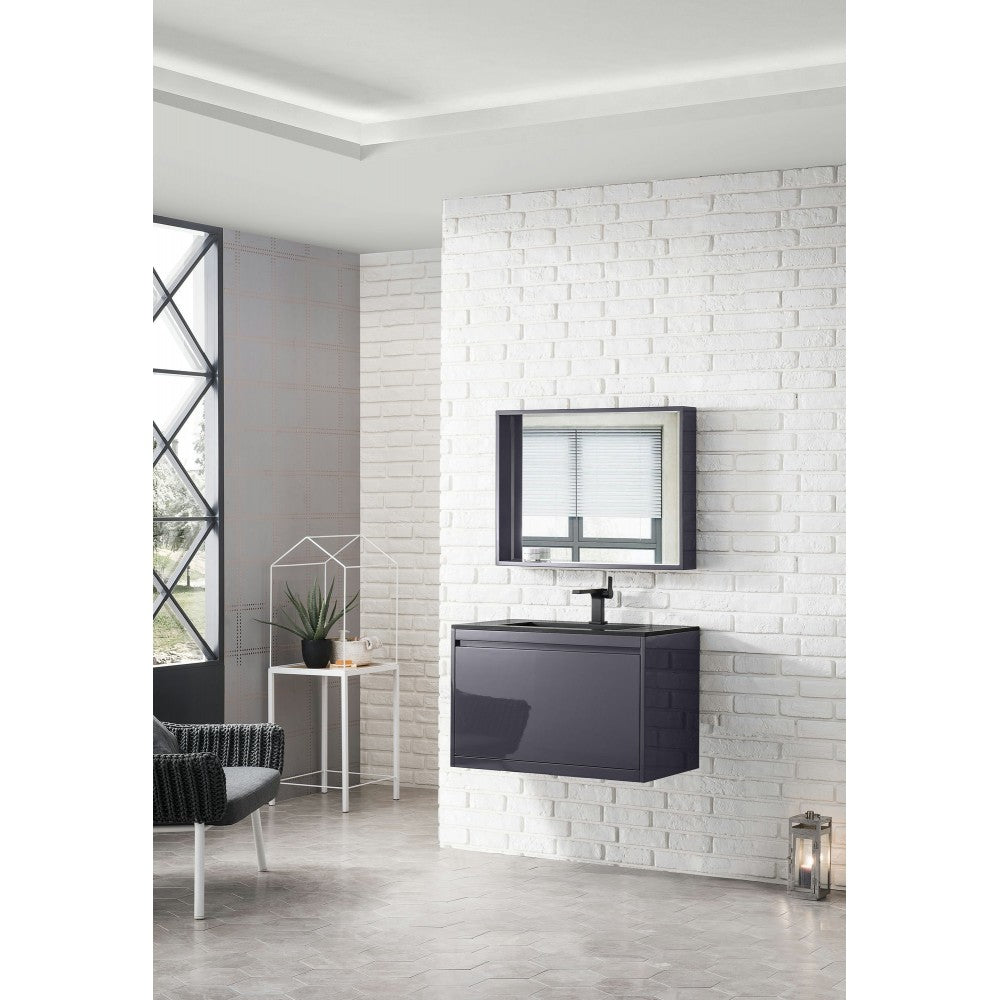 Milan 31.5" Single Vanity, Modern Gray Glossy w/Charcoal Black Composite Top