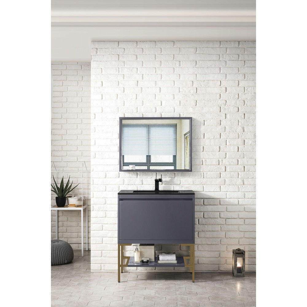 Milan 31.5" Single Vanity Modern Gray Radiant Gold, Charcoal Black Composite Top