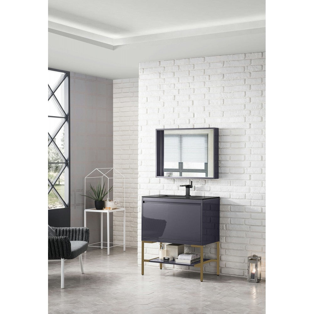 Milan 31.5" Single Vanity Modern Gray Radiant Gold, Charcoal Black Composite Top