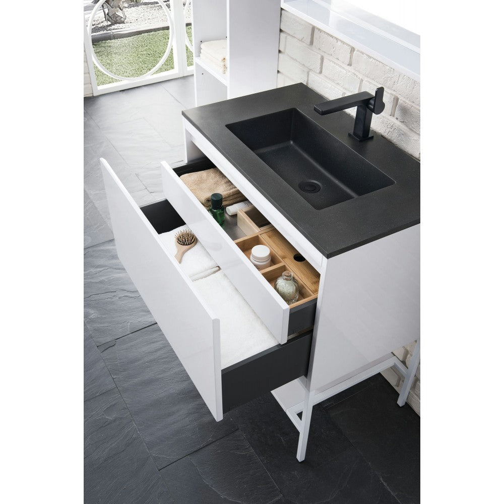 Milan 31.5" Single Vanity  White  White w/Charcoal Black Composite Top