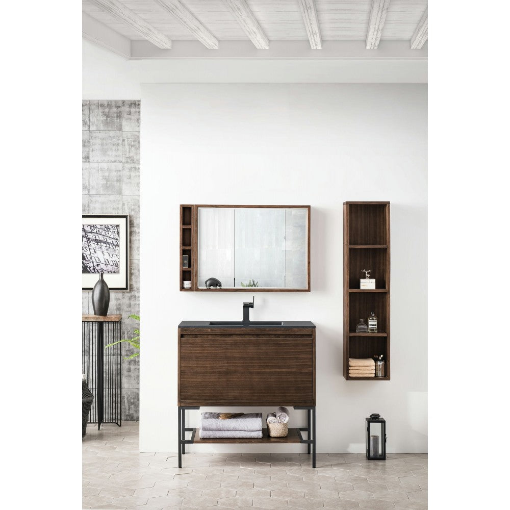 Milan 35.4" Single Vanity Mid Century Walnut Black, Charcoal Black Composite Top