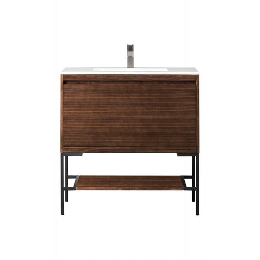 Milan 35.4" Single Vanity Mid Century Walnut Black w/Glossy White Composite Top